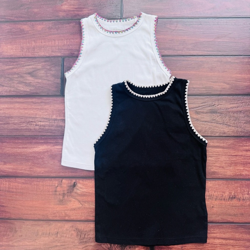 NEW Old Navy Black & White Ribbed Tank Tops with Embroidered Trim